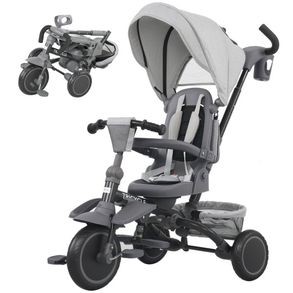Kinderdreirad, 6-in-1 Buggy für Kleinkinder, mit Schiebegriff, verstellbarer Sitz, faltbares Design, Sicherheitsnetz, Grau