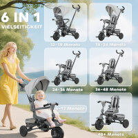 Kinderdreirad, 6-in-1 Buggy für Kleinkinder, mit Schiebegriff, verstellbarer Sitz, faltbares Design, Sicherheitsnetz, Grau