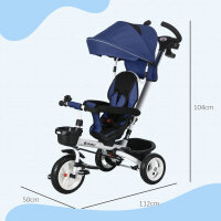 6-in-1 Kinderdreirad mit Schiebestange, Dach, Gurt, Ablagekorb, 18+ Monate, Dunkelblau