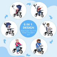 6-in-1 Kinderdreirad mit Schiebestange, Dach, Gurt, Ablagekorb, 18+ Monate, Dunkelblau