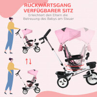 6-in-1 Kinderdreirad mit Schiebestange, Dach, Gurt, Ablagekorb, 18+ Monate, Rosa