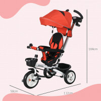 6-in-1 Kinderdreirad mit Schiebestange, Dach, Gurt, Ablagekorb, 18+ Monate, Rot