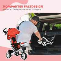 6-in-1 Kinderdreirad mit Schiebestange, Dach, Gurt, Ablagekorb, 18+ Monate, Rot