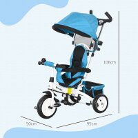 6-in-1 Kinderdreirad mit Schiebestange, Dach, Gurt, Ablagekorb, für 1-5 Jahre, Blau