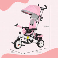 6-in-1 Kinderdreirad mit Schiebestange, Dach, Gurt, Ablagekorb, für 1-5 Jahre, Rosa