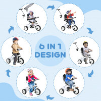 6-in-1 Kinderdreirad mit Schiebestange, Dach, Gurt, Ablagekorb, für 1-5 Jahre, Weiß