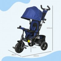 Kinder-Dreirad, Kinderfahrrad, Rückenkorb, Becherhalter, Sonnendach, Metall, dunkelblau