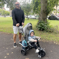 Kinder-Dreirad, Kinderfahrrad, Rückenkorb, Becherhalter, Sonnendach, Metall, Grau