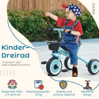 Dreirad für Kinder 2-5 Jahre, höhenverstellbarer Sitz, Klingel, Fahrradkorb, Metallrahmen, blau