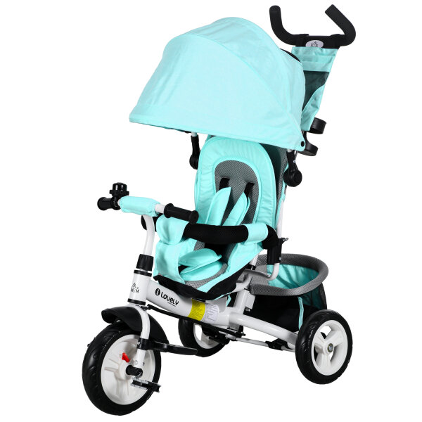 Kinder-Dreirad, Kinderfahrrad, Rückenkorb, Becherhalter, Sonnendach, Metall, grün