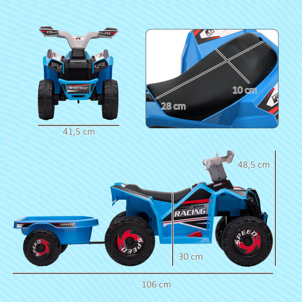 Kinderquad, aufladbar, 2,5 km/h, mit Anhänger, 50 Min. Fahrzeit, für Kinder 1,5 bis 3 Jahre, Blau