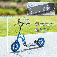 Kinderroller mit verstellbarem Lenker, große Räder, Parkständer, Handbremse, für Kinder im Alter von 5-12 Jahren, Blau