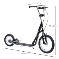 Kinderroller 16/12 Zoll Scooter Tretroller mit Bremsen Cityroller Kickboard Kinder Roller für 5+ Jahre Kinder Schwarz 135 x 58 x 92-100 cm