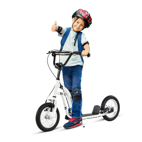 Kinderroller ab 5 Jahre Scooter Kinderscooter Tretroller Cityroller Kinder Roller Kickboard mit Luftreifen 12 Zoll Gummi Aluminium Weiß 120 x 58 x 85-95 cm