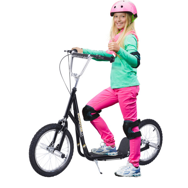 Kinderroller mit Luftreifen Kickscooter Scooter Tretroller Cityroller für Kinder Kickboard 16 Zoll ab 5 Jahre Höhenverstellbar schwarz 143 x 58 x 92-100 cm