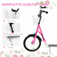 Kinderroller Tretroller mit Bremse, inkl. Korb, höhenverstellbar, für Kinder von 5 bis 12 Jahren, Weiß + Pink