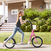 Kinderroller Tretroller mit Bremse, inkl. Korb, höhenverstellbar, für Kinder von 5 bis 12 Jahren, Weiß + Pink