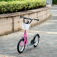 Kinderroller Tretroller mit Bremse, inkl. Korb, höhenverstellbar, für Kinder von 5 bis 12 Jahren, Weiß + Pink