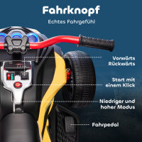Elektrisches Kinderfahrzeug, Reverse-Dreirad-Design, Batteriebetrieb, MP3-Player, Hupe, 2 Geschwindigkeiten, LED-Lichter, 3-8 Jahre, Gelb