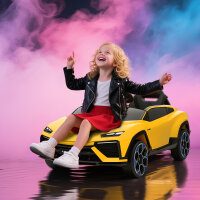 Kinder Elektroauto 12V Kinderauto mit 2,4 GHz Fernbedienung, 2 Motor, Hupe, LED, Musik, 101,5 x 49 x 43 cm, Gelb