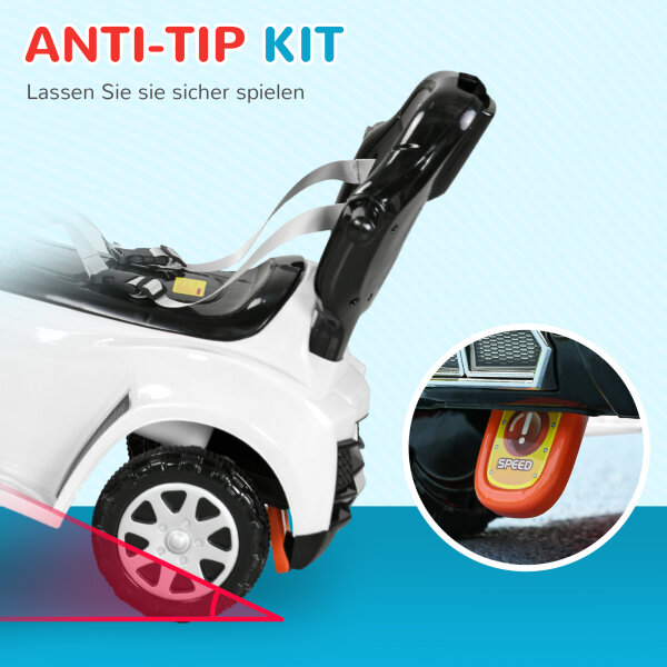 2-in-1 Rutschauto, abnehmbares Verdeck, Lichter, Musik, Hupe, Kunststoff und Metall, 96 x 39 x 90 cm, Weiß/Schwarz