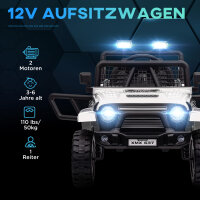 Kinder-Elektroauto mit sanfter Federung, fernsteuerbar, LED-Lichter, Hupe, 12V-Motoren, aus Kunststoff und Metall, Weiß