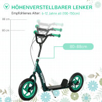 Kinderroller, höhenverstellbarer Tretroller für Kinder, mit Bremse, Ständer, 2 Räder, Stahl, Grün