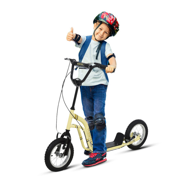 Kinderroller ab 5 Jahre Scooter Kinderscooter Tretroller Cityroller Kinder Roller Kickboard mit Luftreifen 12 Zoll Gummi Aluminium Beige 120 x 58 x 85-95 cm