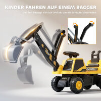 Sitzbagger Aufsitzbagger mit Schaufel Lenkrad drehbar Aufbau verstellbar Rückenlehne für Kinder 1,5-3 Jahre Gelb