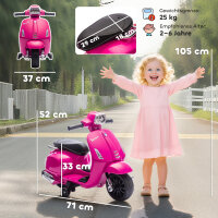 Elektro Motorrad Kinder Vespa 6V Elektromotorrad mit Stützrädern, Scheinwerfer, Hupe für 2-6 Jahre 71 x 37 x 52 cm Rosa