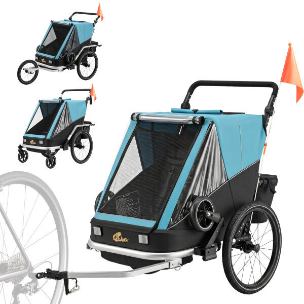 Fahrradanhänger für Kinder, 2-Sitzer, 2-in-1 faltbarer Kinderfahrradanhänger mit verstellbarem Sitz und Gurten, Blau