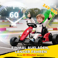 24V Elektrisches Go-Kart, Drift-Modus, verstellbarer Sitz, 5-Punkt-Sicherheitsgurt, Musikfunktion, 6-12 Jahre Rot