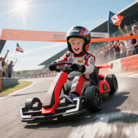 Go-Kart für Kinder, Elektro-Kart mit Hupe und Musikfunktion, verstellbarer Sitz, bis 12 km/h, Kunststoff, Metall, Rot
